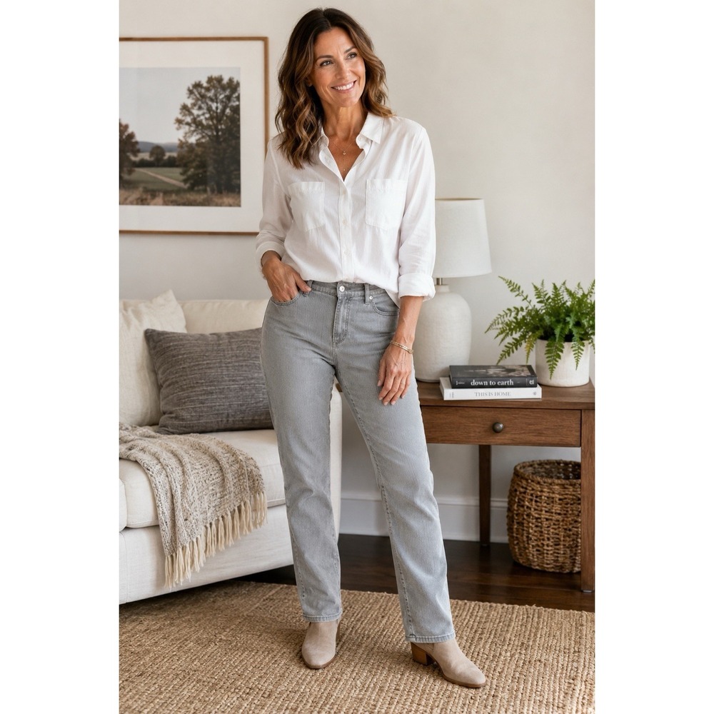 Gloria Vanderbilt Amanda Jeans women's Gray Pinstripe Straight Leg Stretch Denim